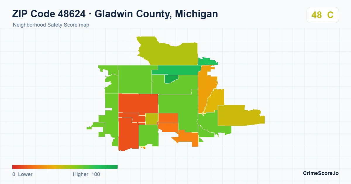 ZIP Code 48624 in Gladwin County, Michigan neighborhood Safety Score map