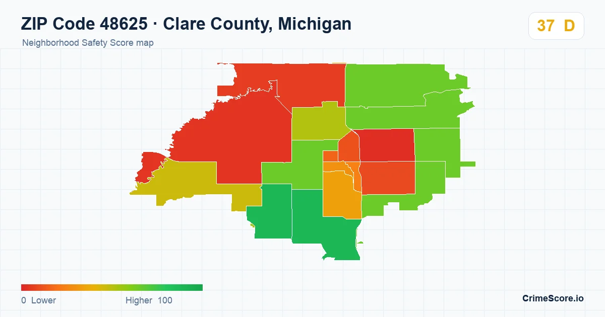 ZIP Code 48625 in Clare County, Michigan neighborhood Safety Score map