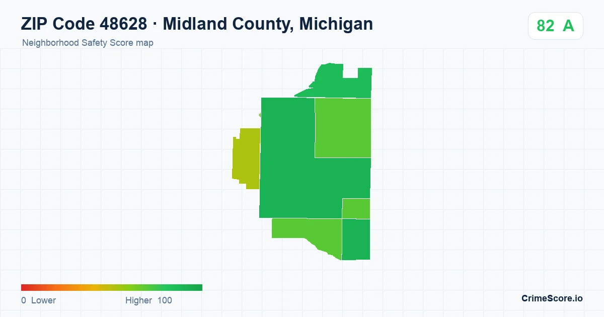 ZIP Code 48628 in Midland County, Michigan neighborhood Safety Score map