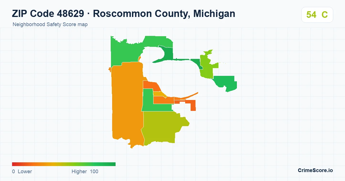 ZIP Code 48629 in Roscommon County, Michigan neighborhood Safety Score map