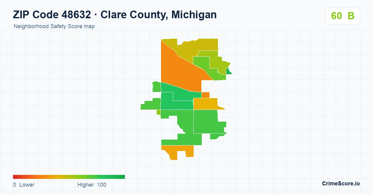 ZIP Code 48632 in Clare County, Michigan neighborhood Safety Score map
