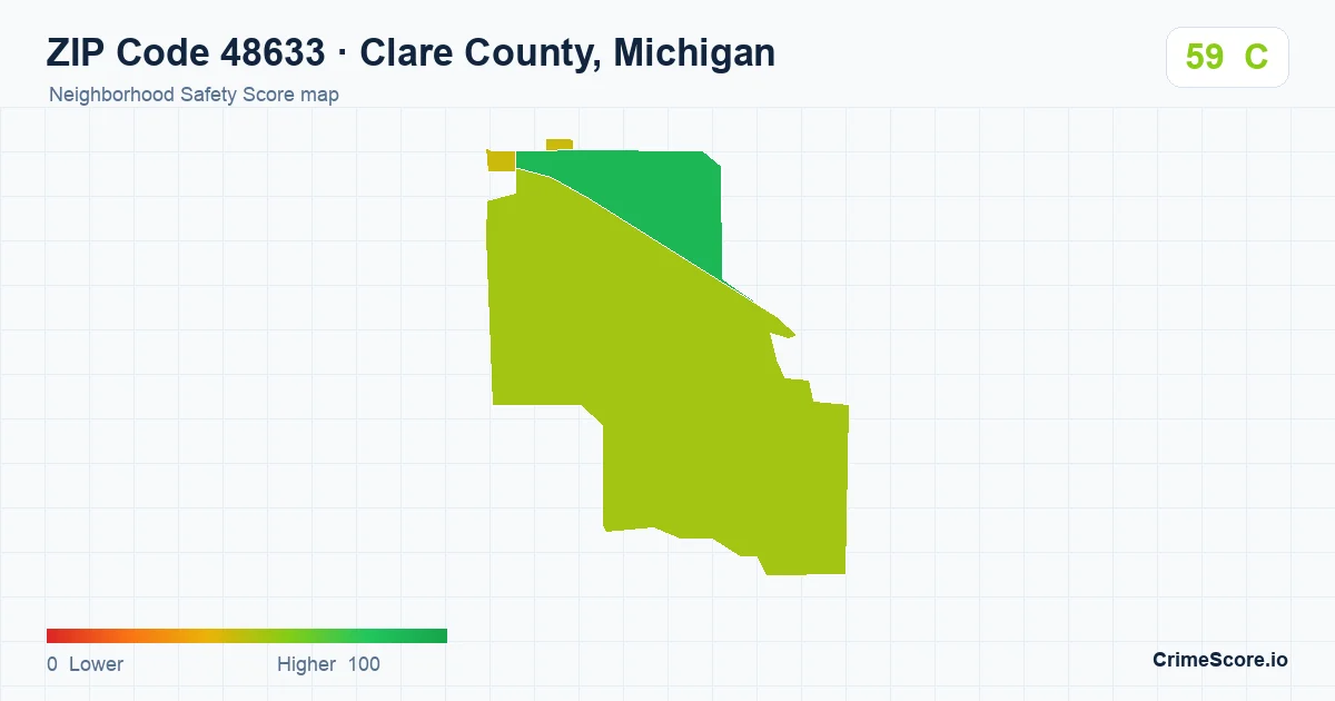 ZIP Code 48633 in Clare County, Michigan neighborhood Safety Score map