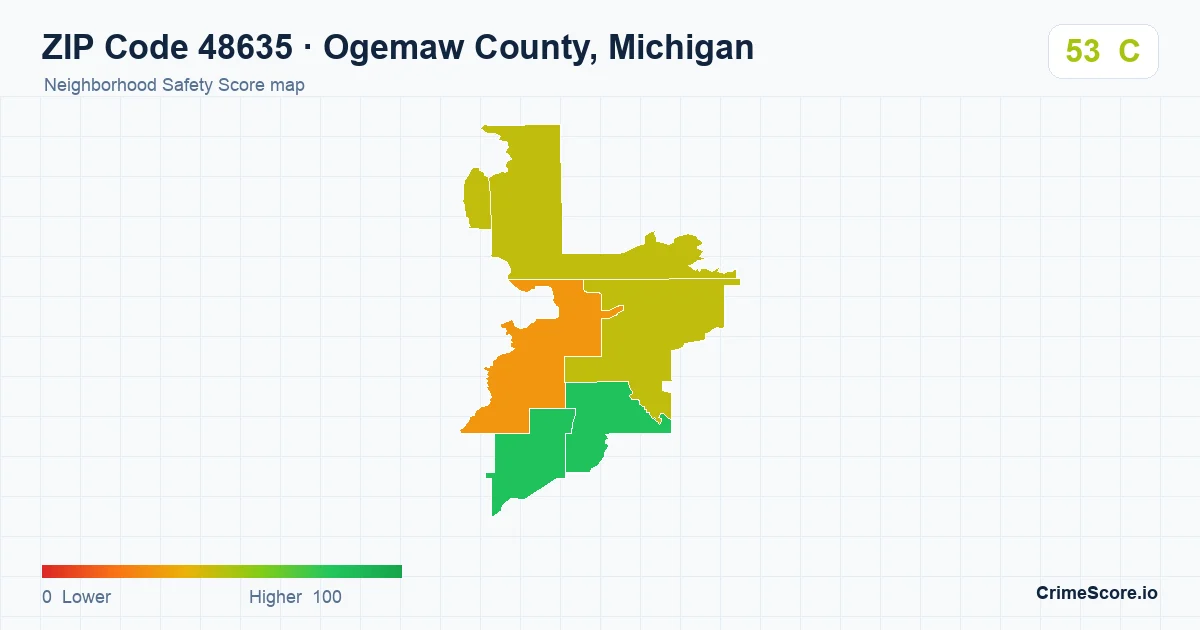 ZIP Code 48635 in Ogemaw County, Michigan neighborhood Safety Score map