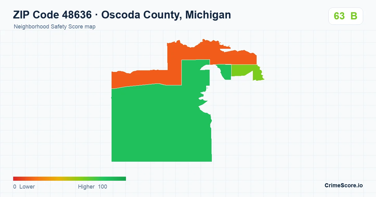 ZIP Code 48636 in Oscoda County, Michigan neighborhood Safety Score map