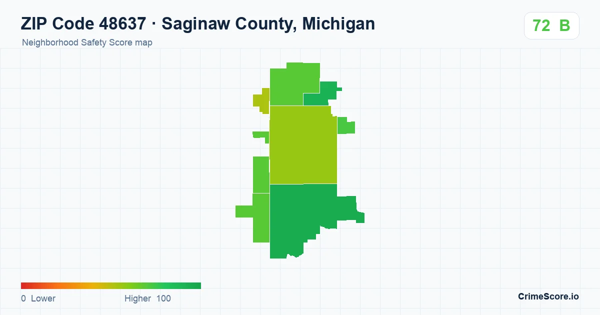 ZIP Code 48637 in Saginaw County, Michigan neighborhood Safety Score map