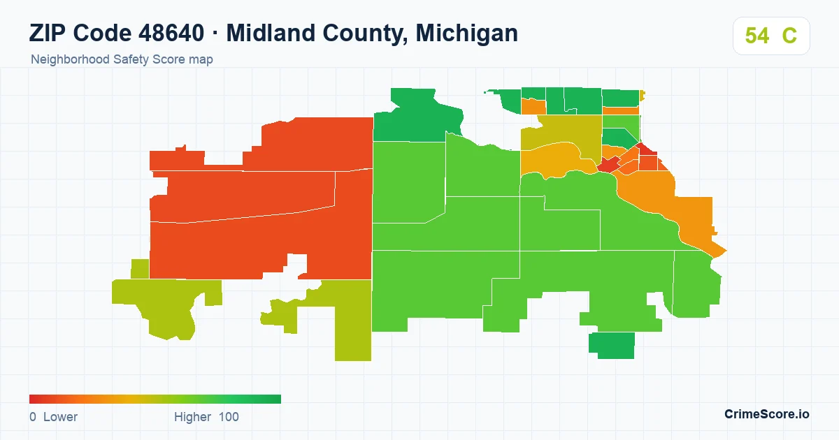 ZIP Code 48640 in Midland County, Michigan neighborhood Safety Score map