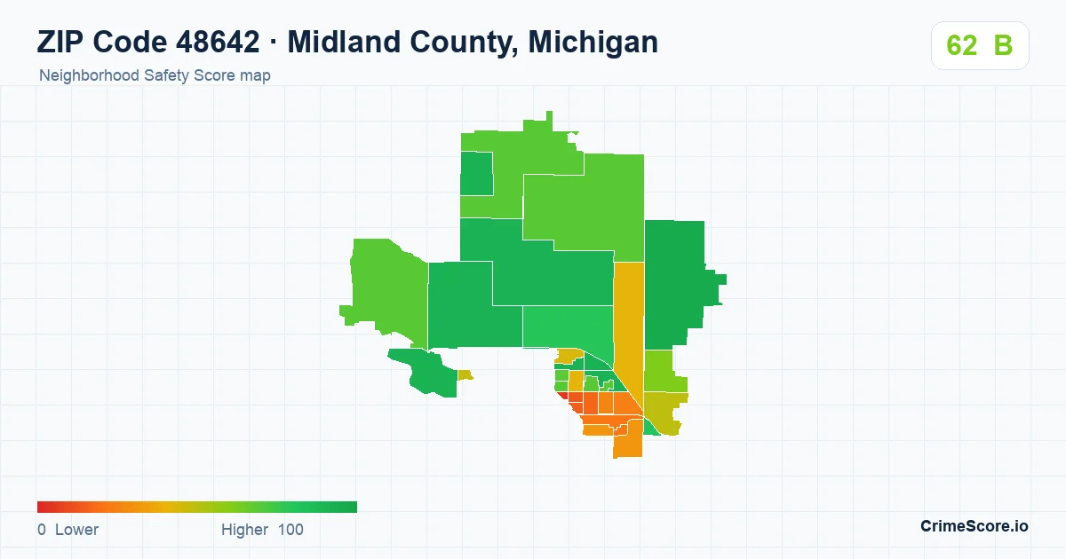 ZIP Code 48642 in Midland County, Michigan neighborhood Safety Score map