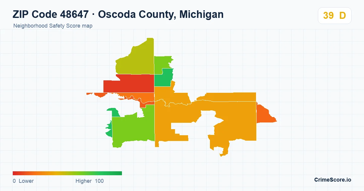 ZIP Code 48647 in Oscoda County, Michigan neighborhood Safety Score map