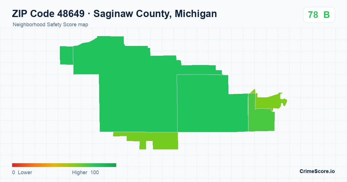 ZIP Code 48649 in Saginaw County, Michigan neighborhood Safety Score map