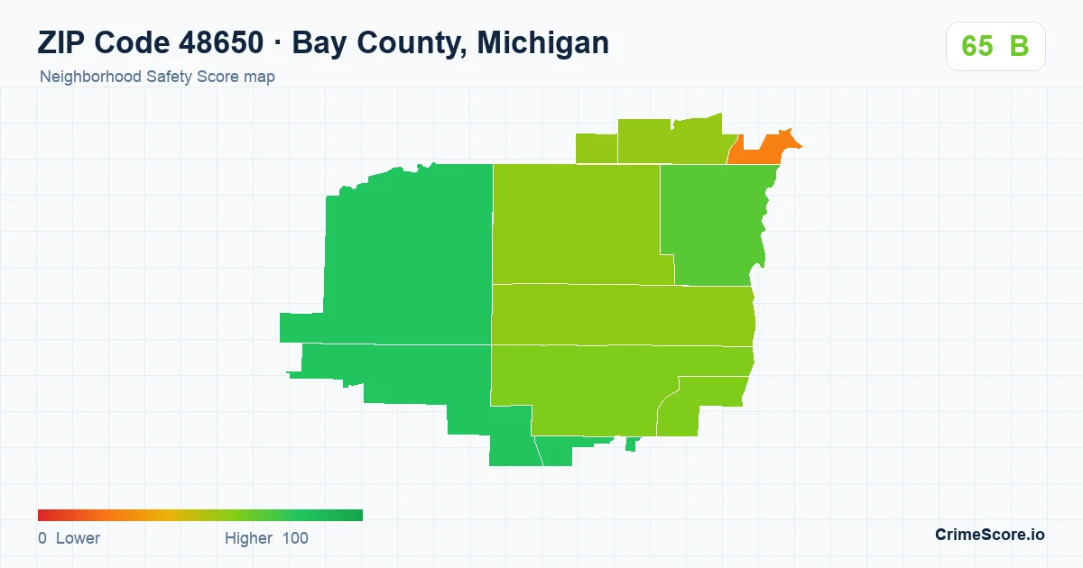 ZIP Code 48650 in Bay County, Michigan neighborhood Safety Score map