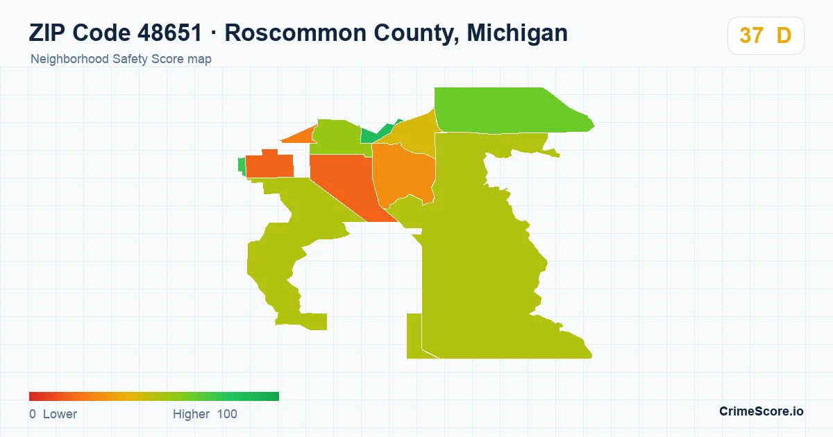 ZIP Code 48651 in Roscommon County, Michigan neighborhood Safety Score map