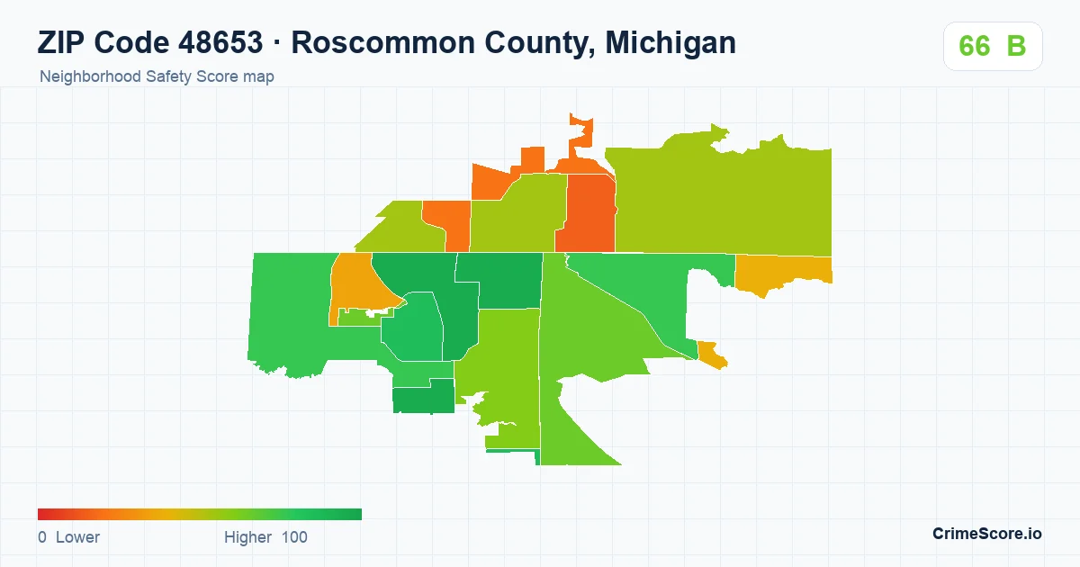 ZIP Code 48653 in Roscommon County, Michigan neighborhood Safety Score map