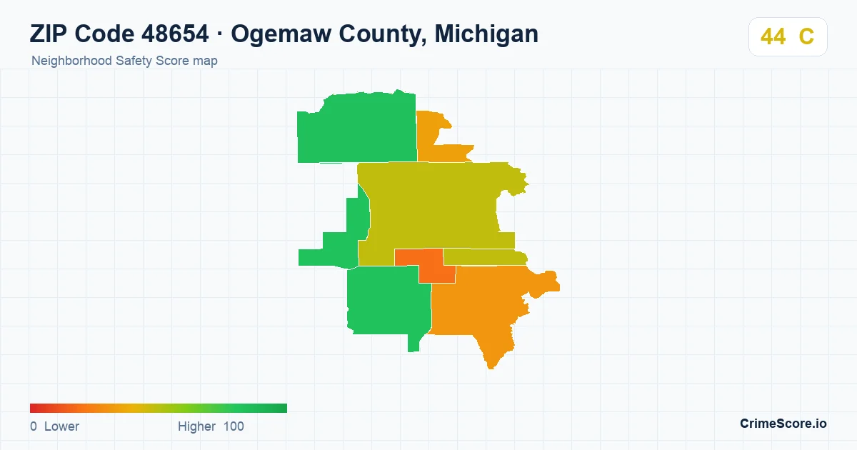 ZIP Code 48654 in Ogemaw County, Michigan neighborhood Safety Score map