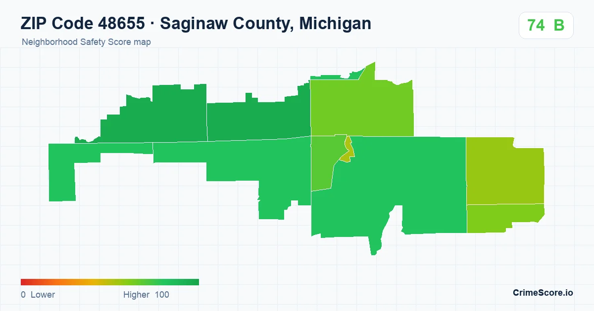 ZIP Code 48655 in Saginaw County, Michigan neighborhood Safety Score map
