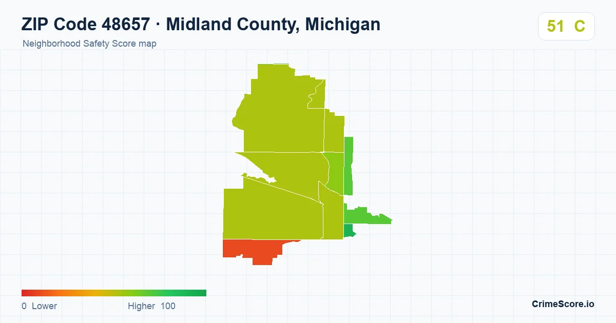 ZIP Code 48657 in Midland County, Michigan neighborhood Safety Score map