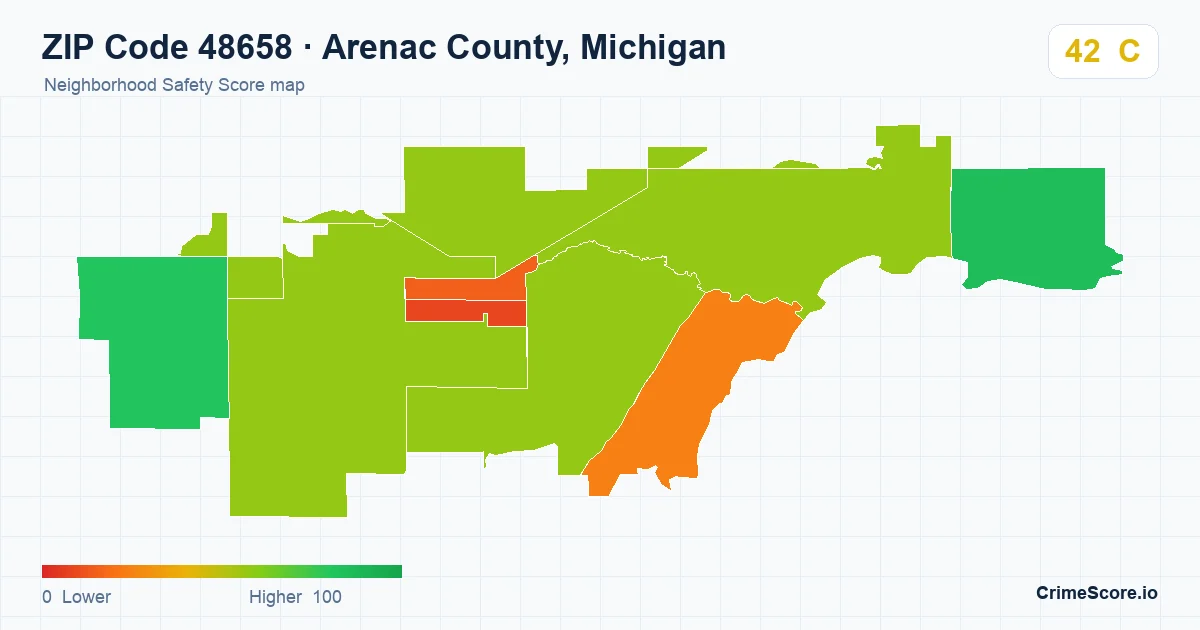 ZIP Code 48658 in Arenac County, Michigan neighborhood Safety Score map