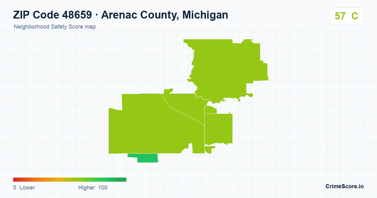 ZIP Code 48659 in Arenac County, Michigan neighborhood Safety Score map