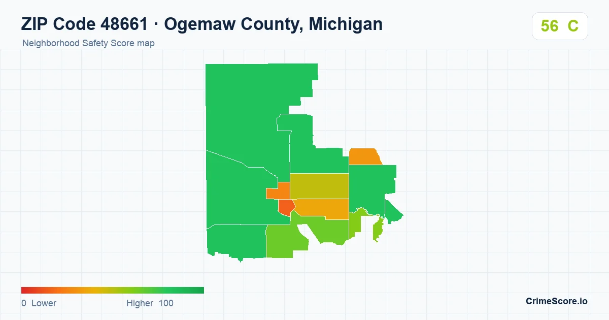 ZIP Code 48661 in Ogemaw County, Michigan neighborhood Safety Score map