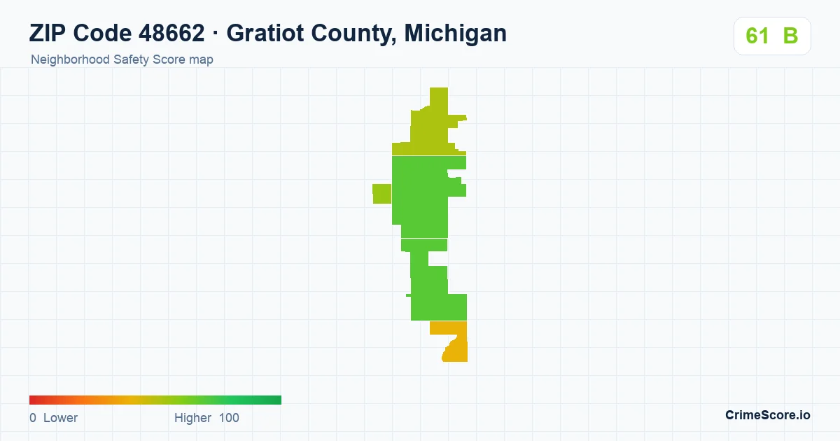 ZIP Code 48662 in Gratiot County, Michigan neighborhood Safety Score map