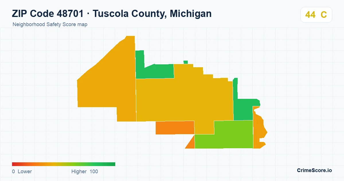 ZIP Code 48701 in Tuscola County, Michigan neighborhood Safety Score map