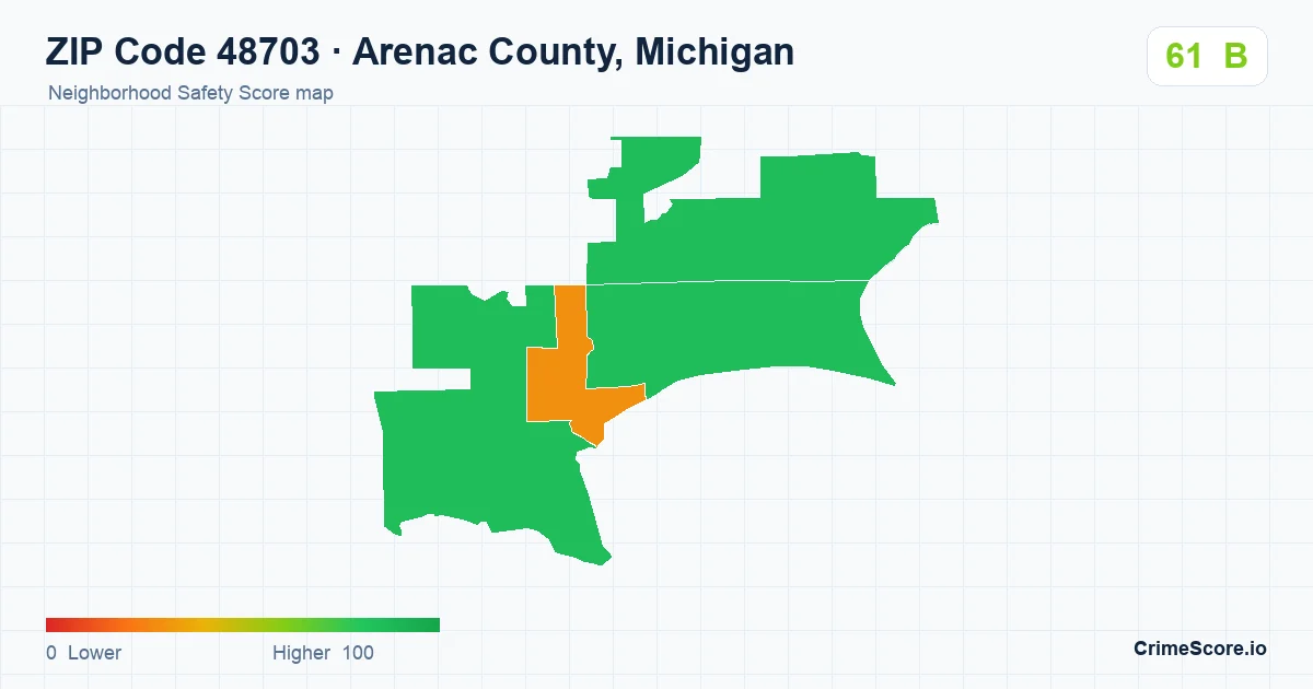 ZIP Code 48703 in Arenac County, Michigan neighborhood Safety Score map