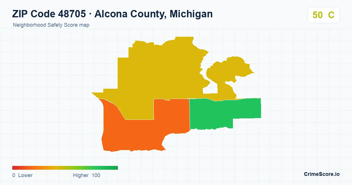 ZIP Code 48705 in Alcona County, Michigan neighborhood Safety Score map