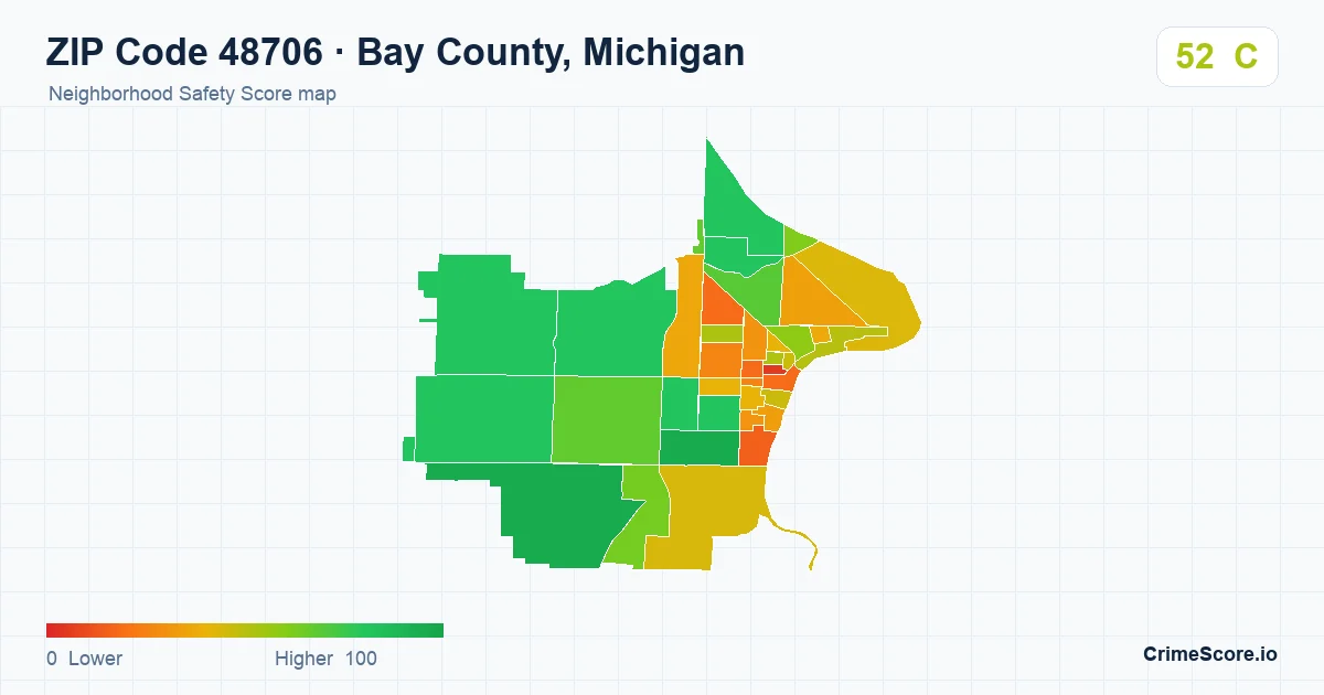 ZIP Code 48706 in Bay County, Michigan neighborhood Safety Score map