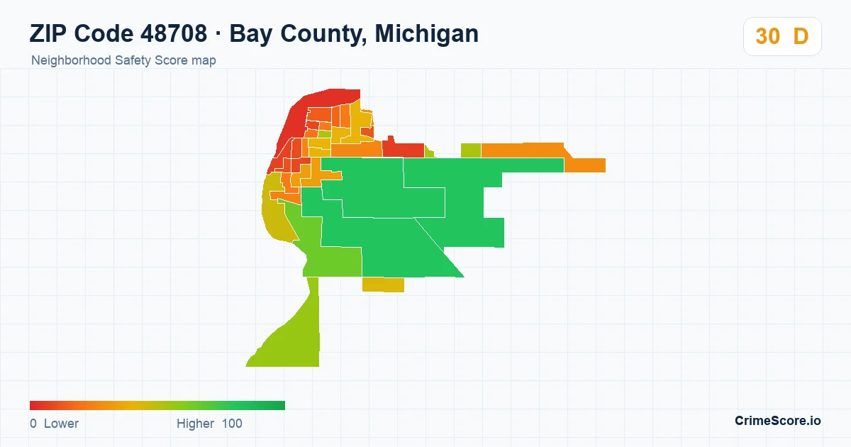 ZIP Code 48708 in Bay County, Michigan neighborhood Safety Score map