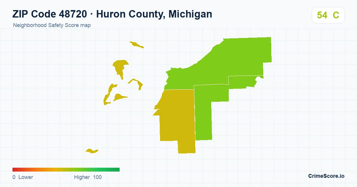 ZIP Code 48720 in Huron County, Michigan neighborhood Safety Score map