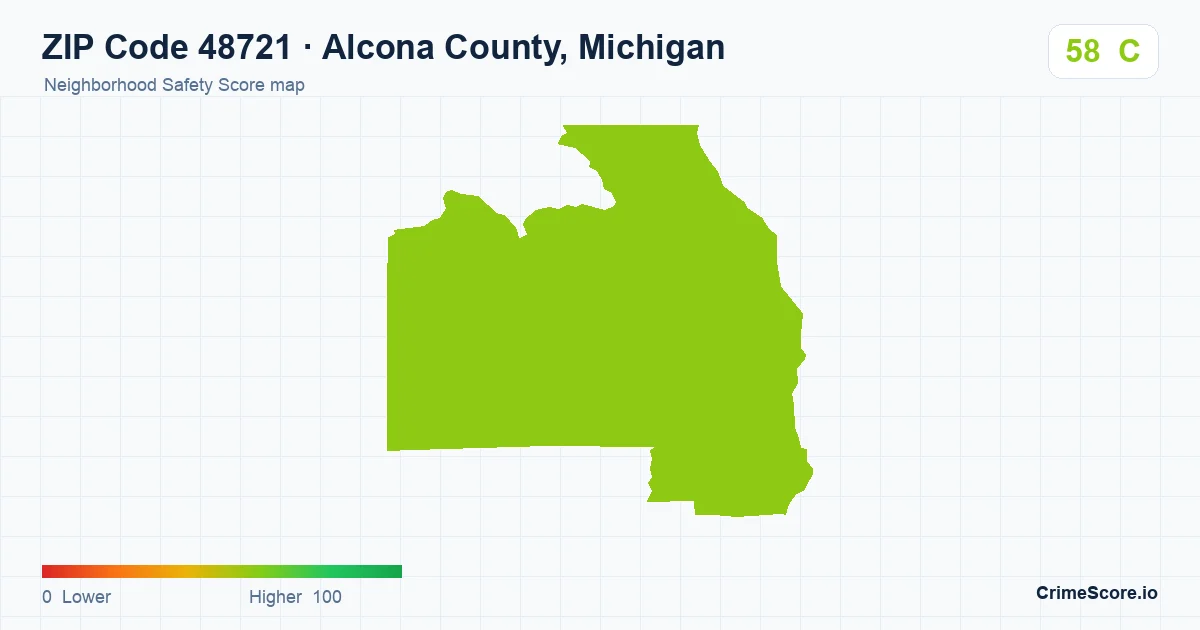 ZIP Code 48721 in Alcona County, Michigan neighborhood Safety Score map