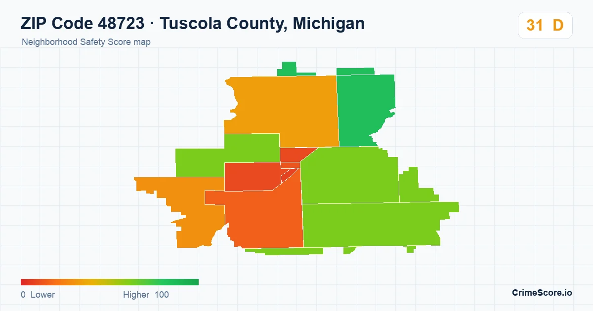 ZIP Code 48723 in Tuscola County, Michigan neighborhood Safety Score map