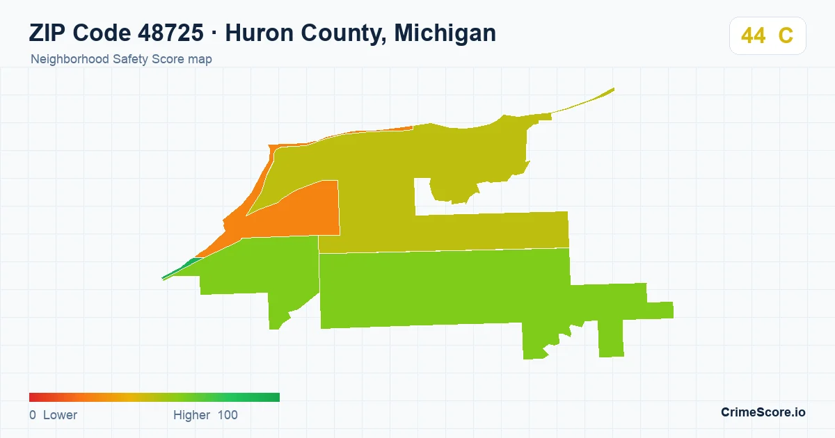 ZIP Code 48725 in Huron County, Michigan neighborhood Safety Score map