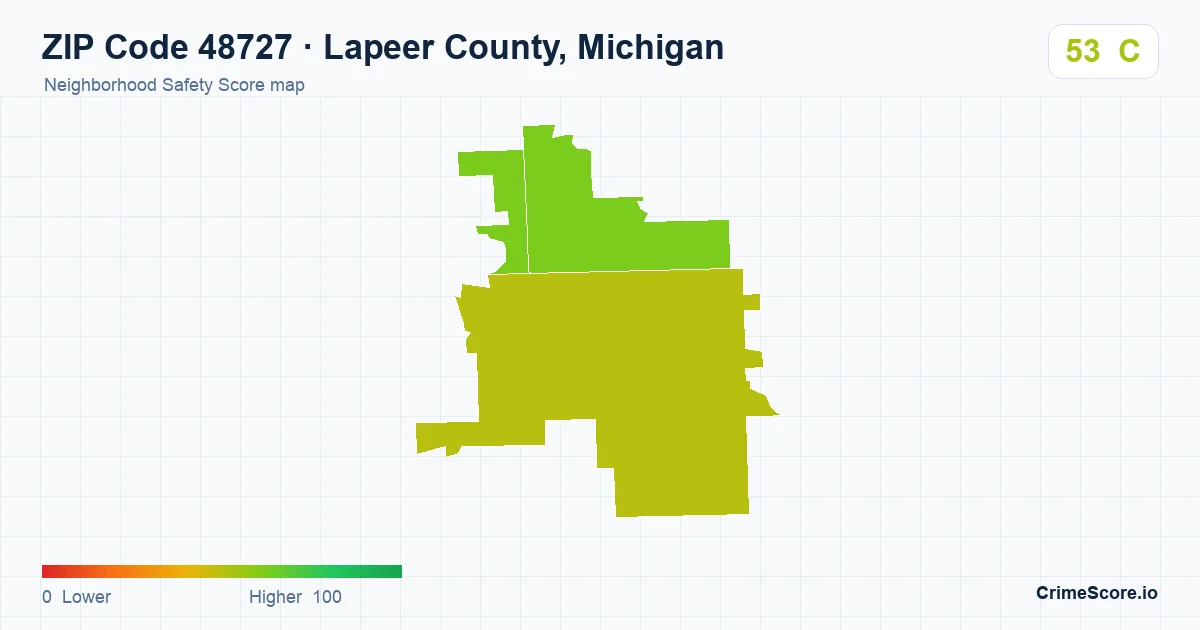 ZIP Code 48727 in Lapeer County, Michigan neighborhood Safety Score map