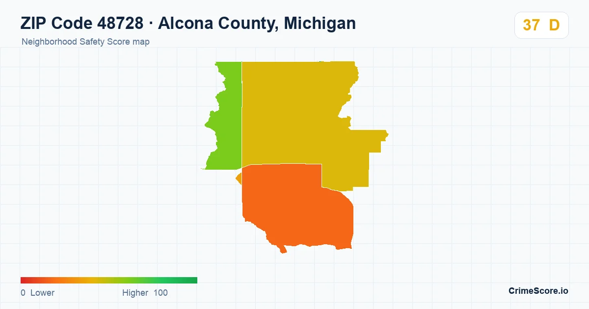 ZIP Code 48728 in Alcona County, Michigan neighborhood Safety Score map
