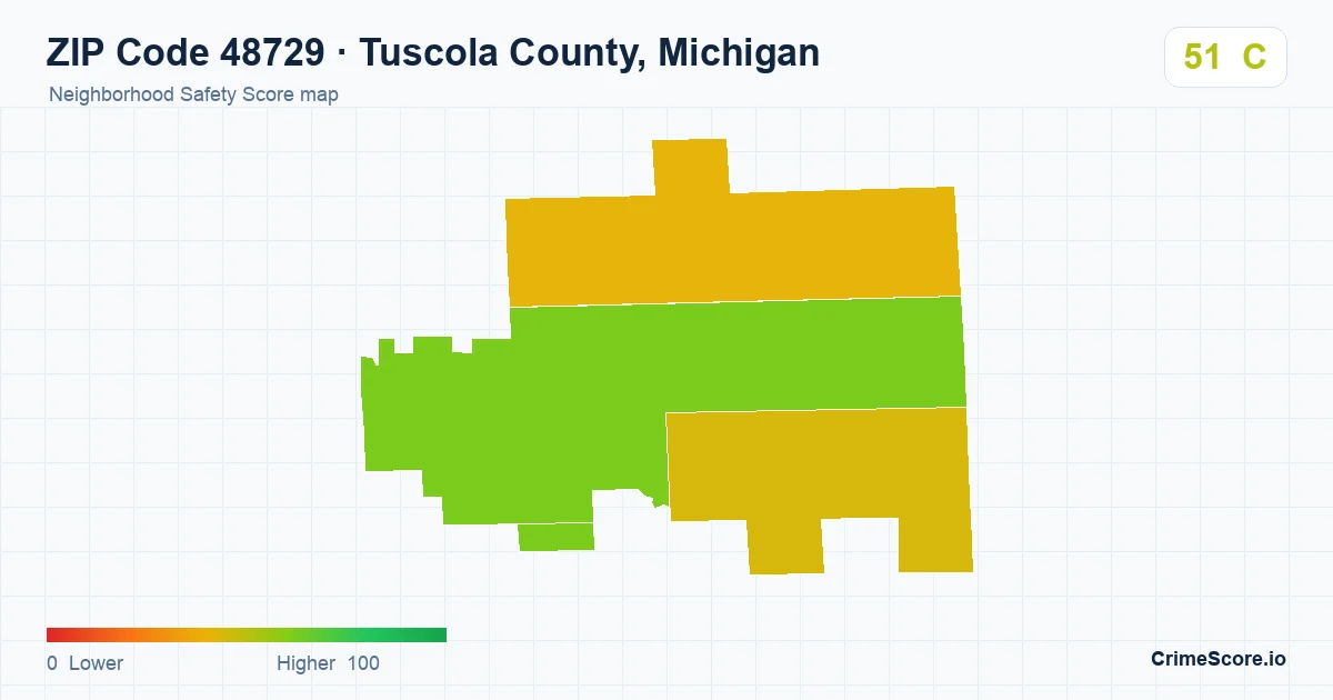 ZIP Code 48729 in Tuscola County, Michigan neighborhood Safety Score map