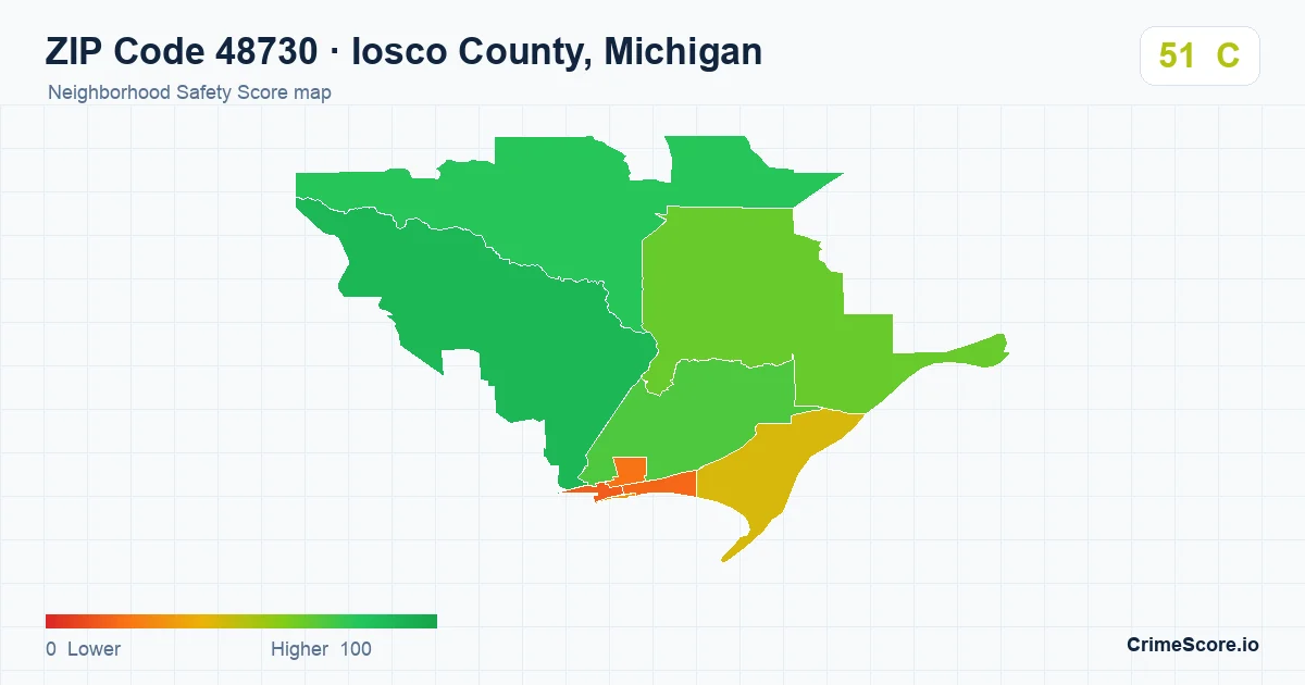 ZIP Code 48730 in Iosco County, Michigan neighborhood Safety Score map
