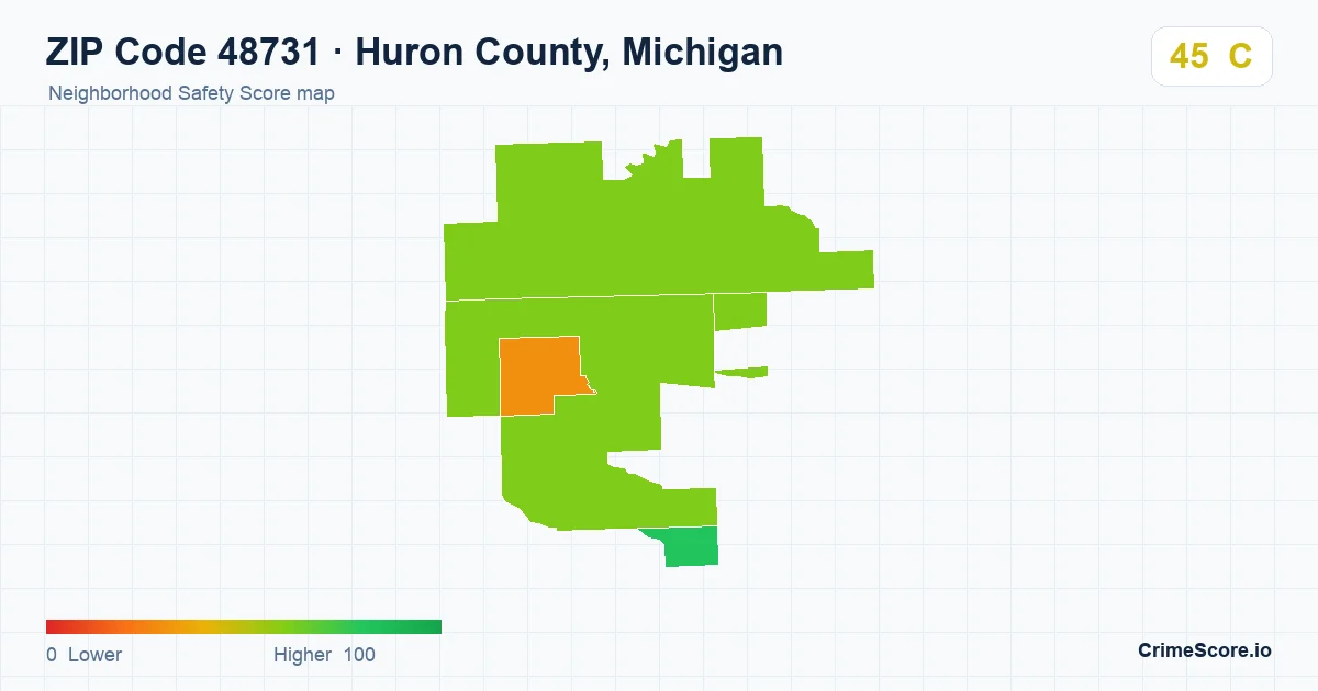 ZIP Code 48731 in Huron County, Michigan neighborhood Safety Score map