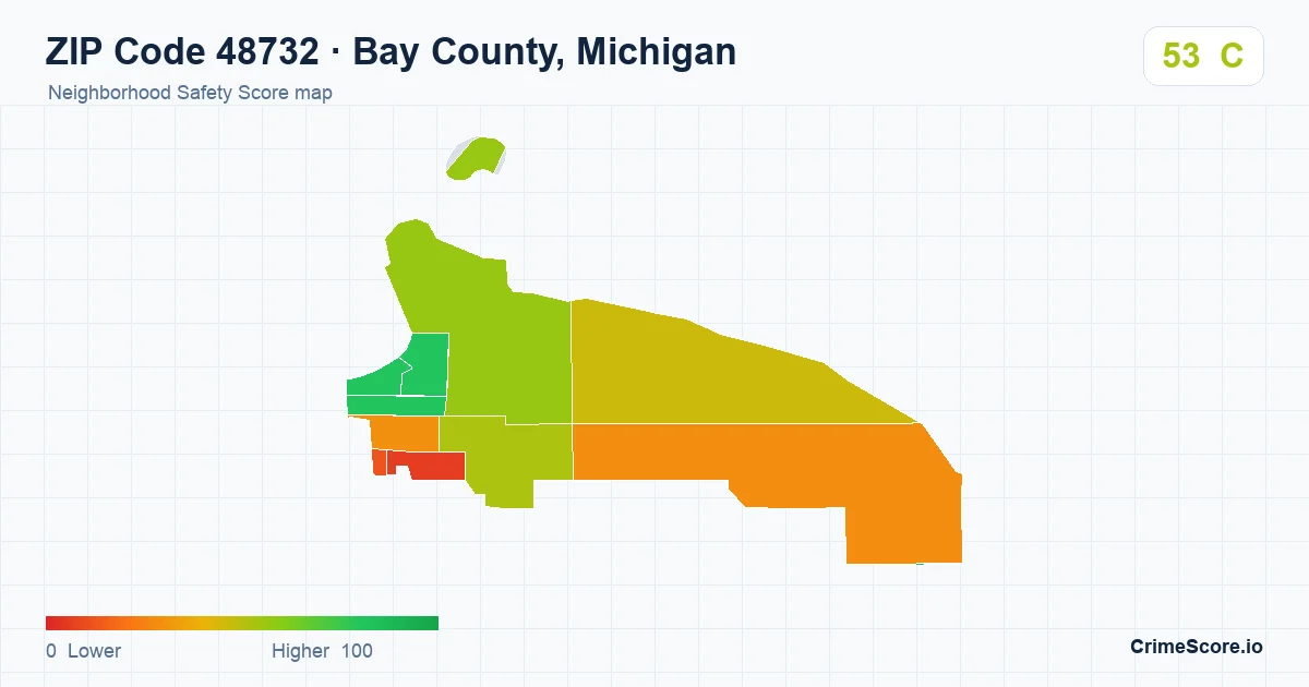 ZIP Code 48732 in Bay County, Michigan neighborhood Safety Score map