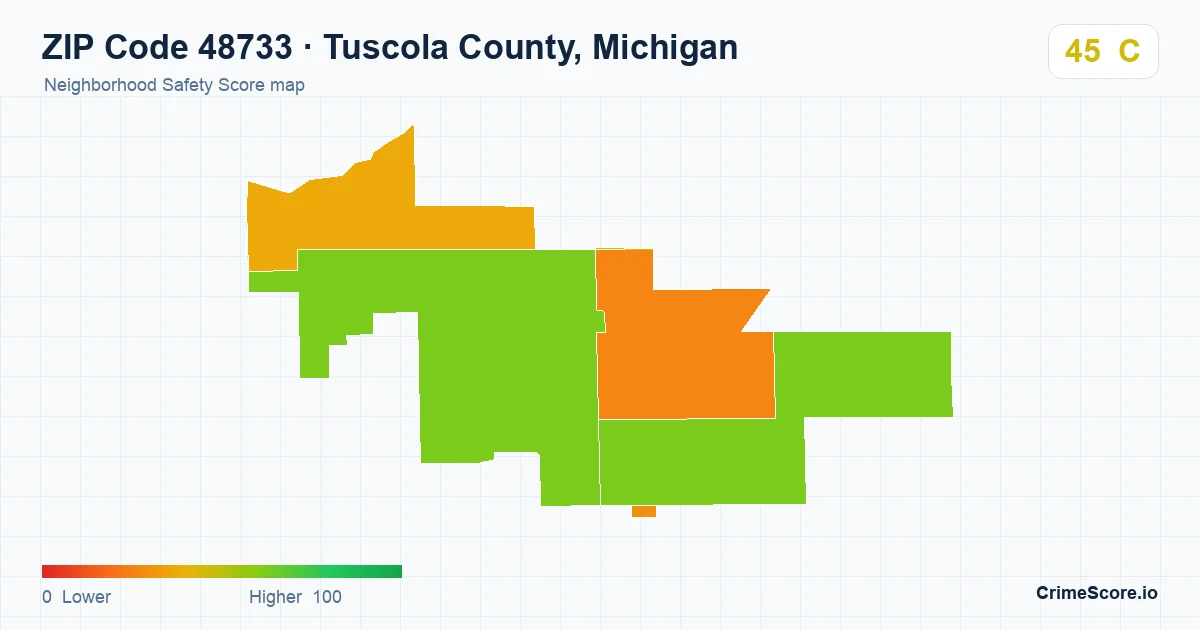 ZIP Code 48733 in Tuscola County, Michigan neighborhood Safety Score map