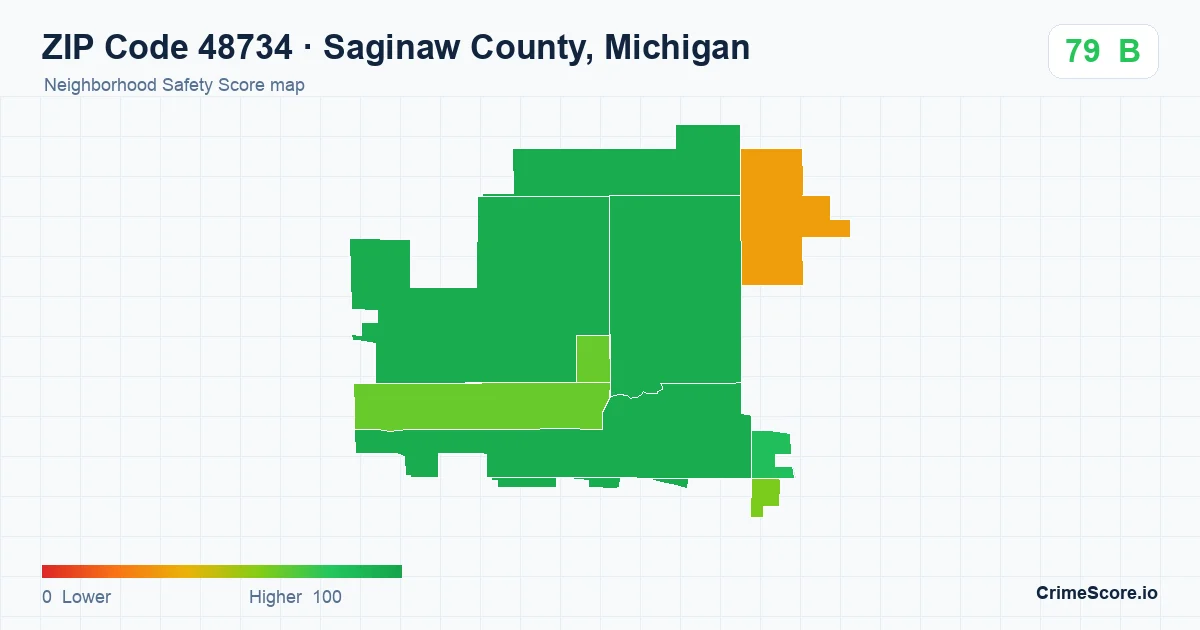 ZIP Code 48734 in Saginaw County, Michigan neighborhood Safety Score map