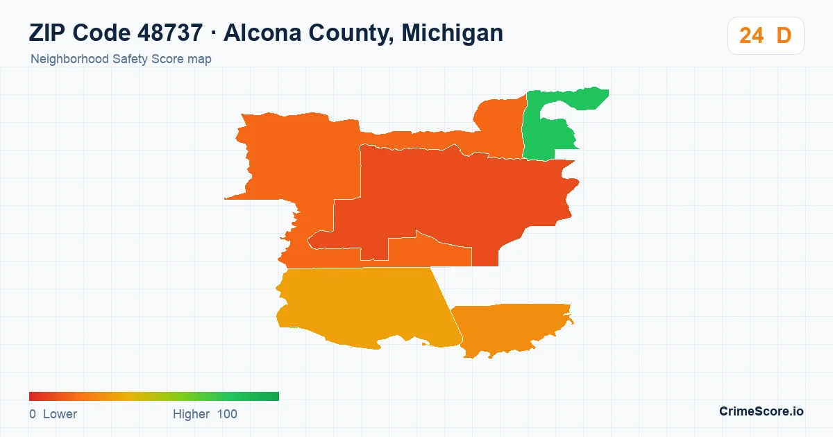 ZIP Code 48737 in Alcona County, Michigan neighborhood Safety Score map