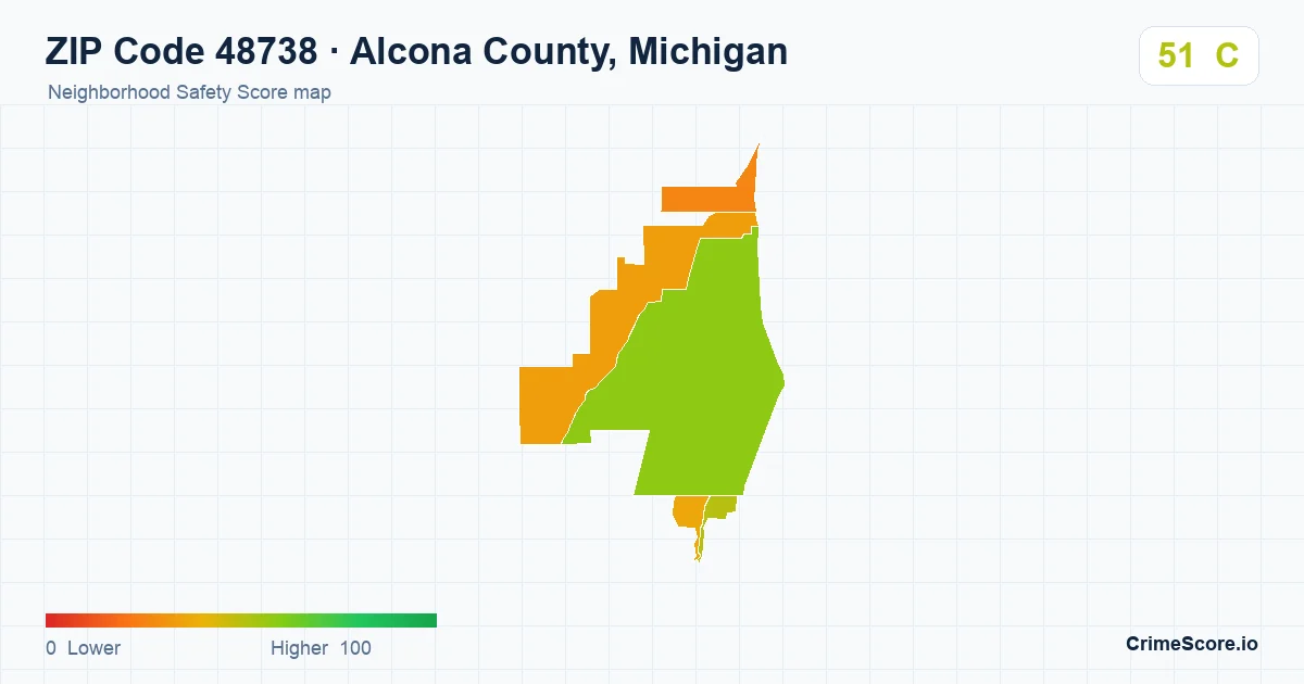 ZIP Code 48738 in Alcona County, Michigan neighborhood Safety Score map