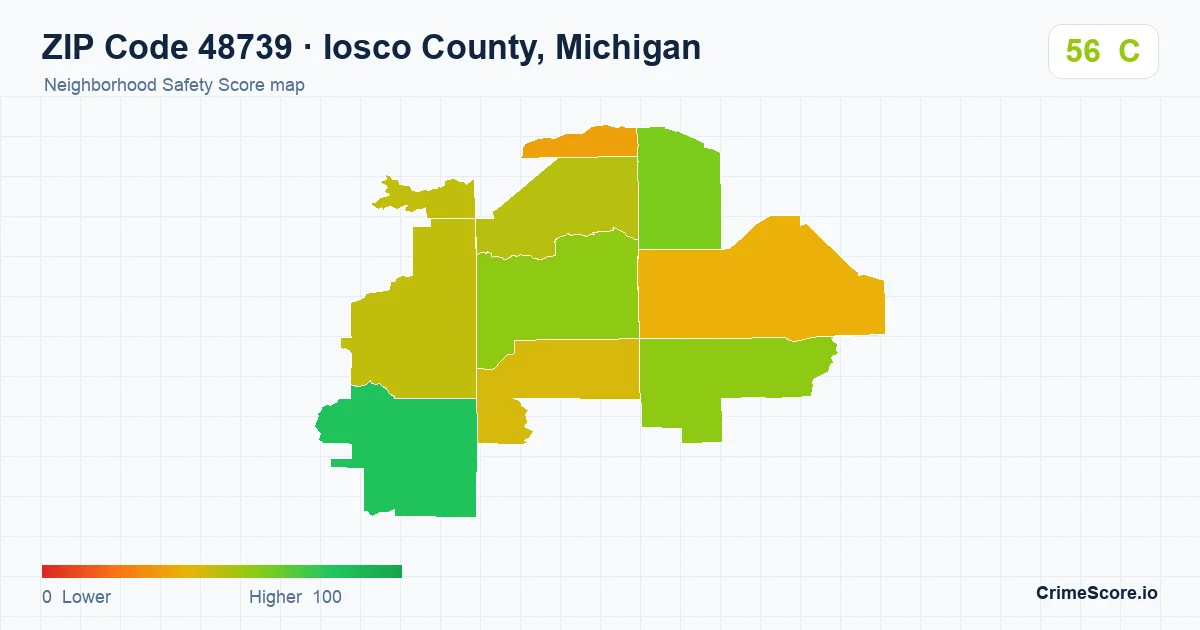 ZIP Code 48739 in Iosco County, Michigan neighborhood Safety Score map