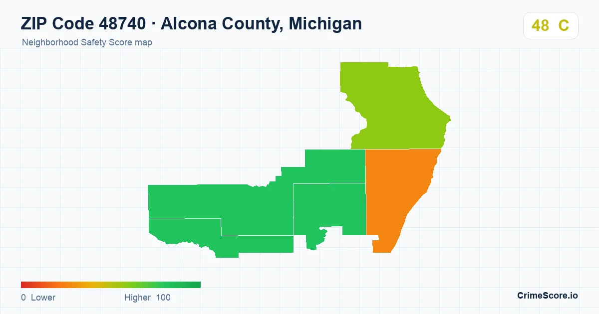 ZIP Code 48740 in Alcona County, Michigan neighborhood Safety Score map