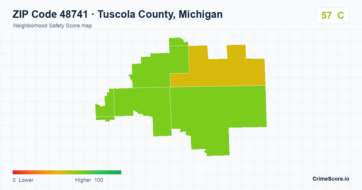 ZIP Code 48741 in Tuscola County, Michigan neighborhood Safety Score map