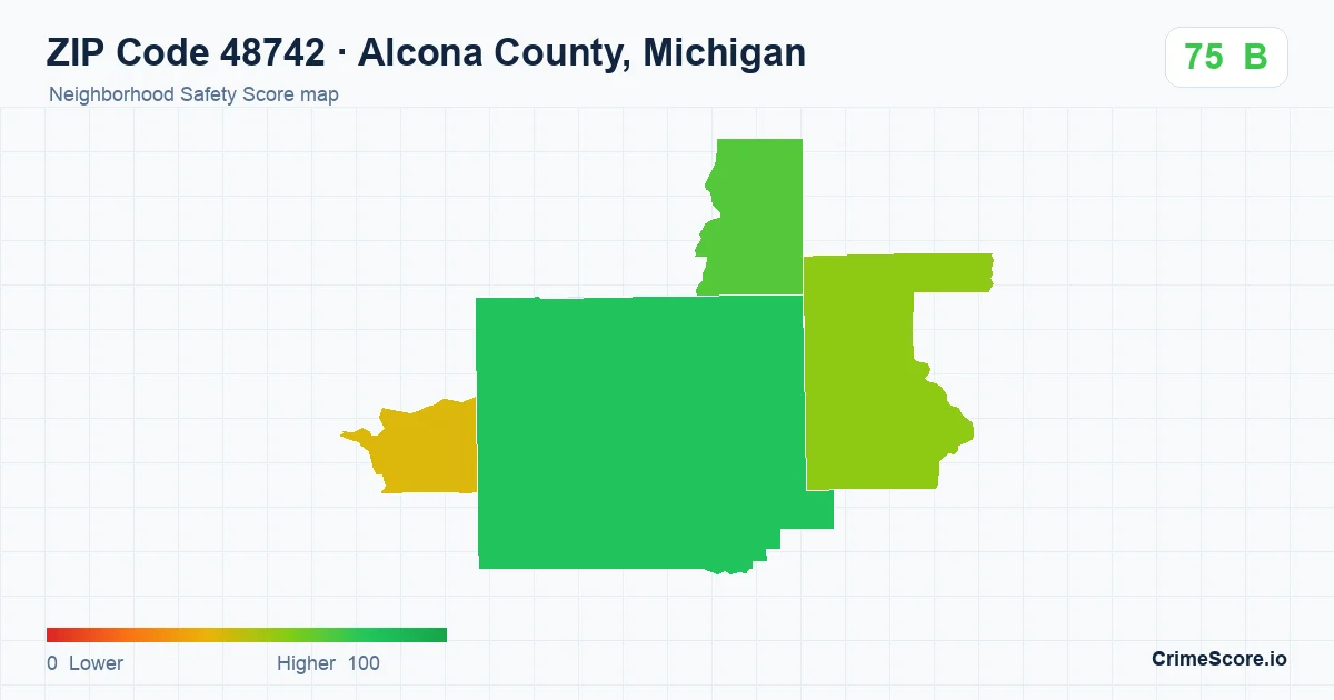 ZIP Code 48742 in Alcona County, Michigan neighborhood Safety Score map