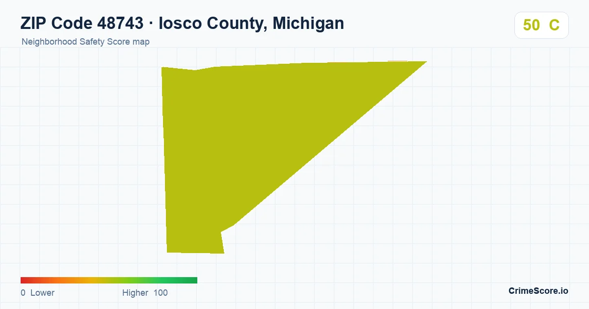 ZIP Code 48743 in Iosco County, Michigan neighborhood Safety Score map