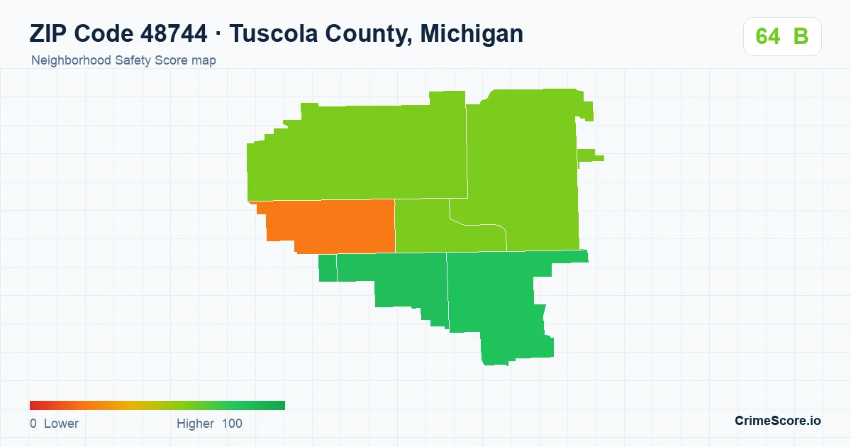 ZIP Code 48744 in Tuscola County, Michigan neighborhood Safety Score map