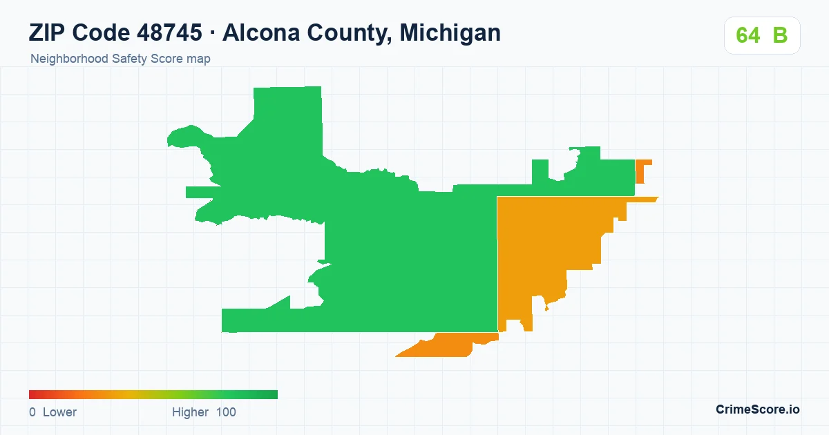 ZIP Code 48745 in Alcona County, Michigan neighborhood Safety Score map