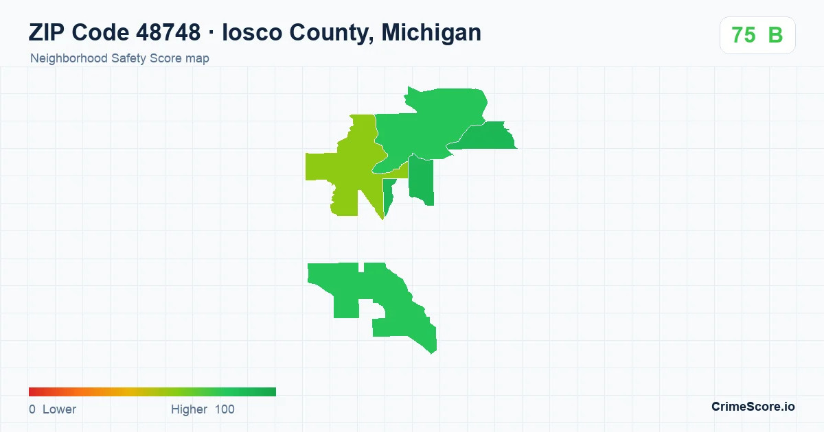 ZIP Code 48748 in Iosco County, Michigan neighborhood Safety Score map